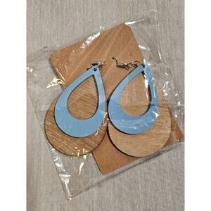 Handmade Wooden Earing Set - Natural Wood Tone Light Blue Accent - Teardrop